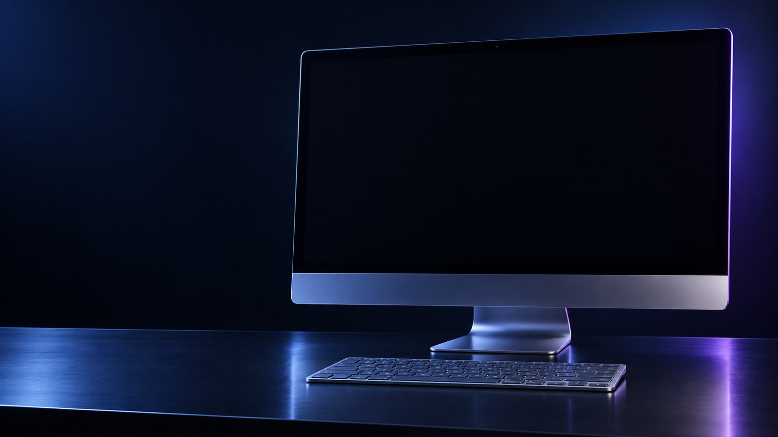 Illustrated Mac product environment with blue and violet studio lighting